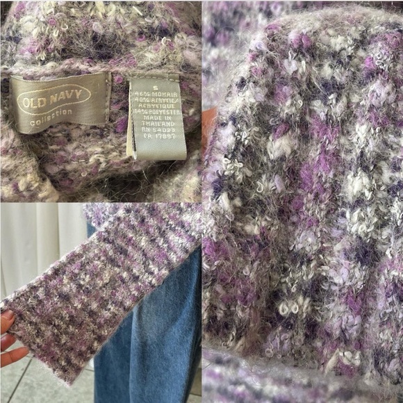 Vtg Y2K Old Navy Mohair Blend Purple Space dye Fuzzy Knit Sweater Mock Neck S - Picture 7 of 8